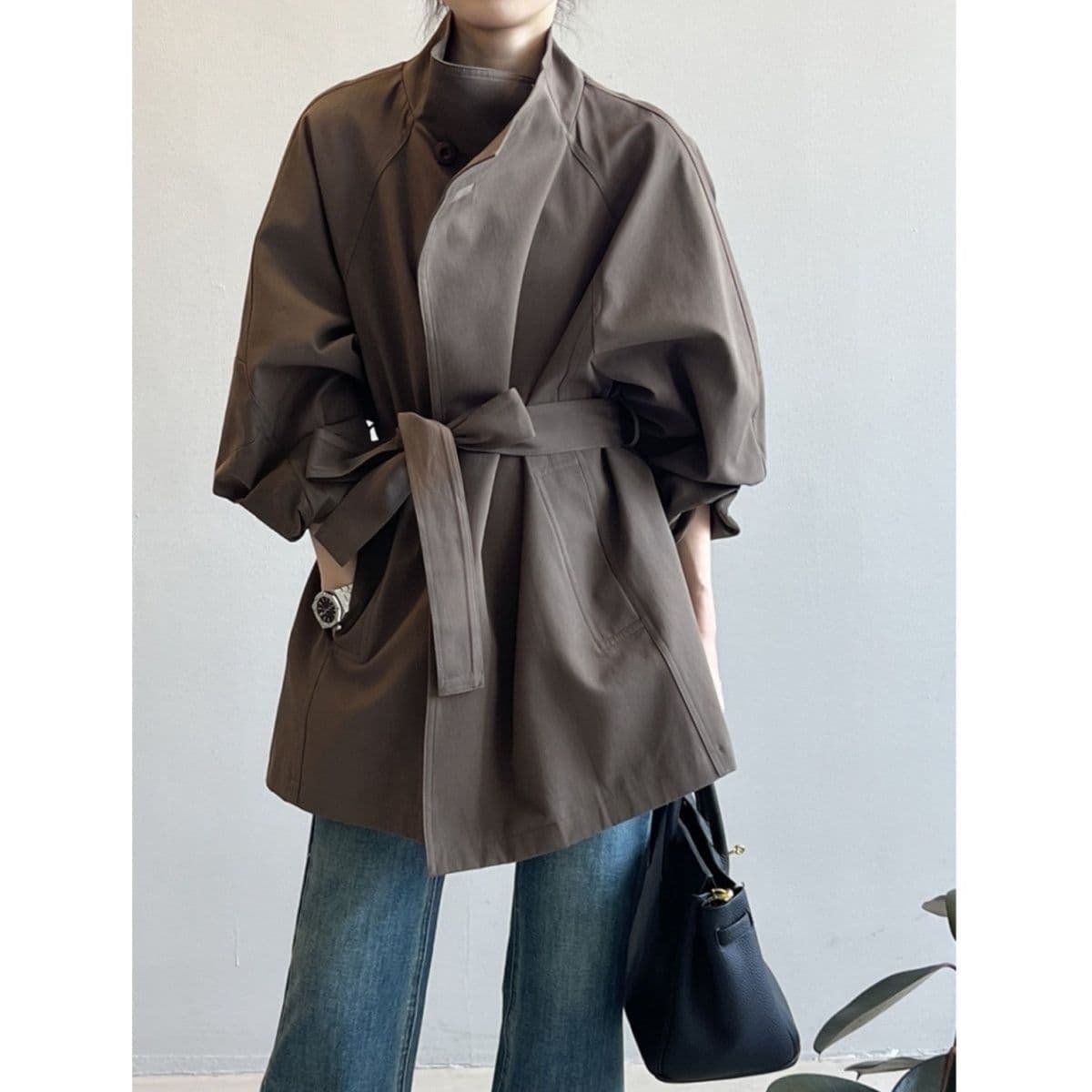 French Vintage Elegant Mid-Length Trench Coat for Women Spring/Autumn New Loose Waist-Defining Casual Stand Collar Coat