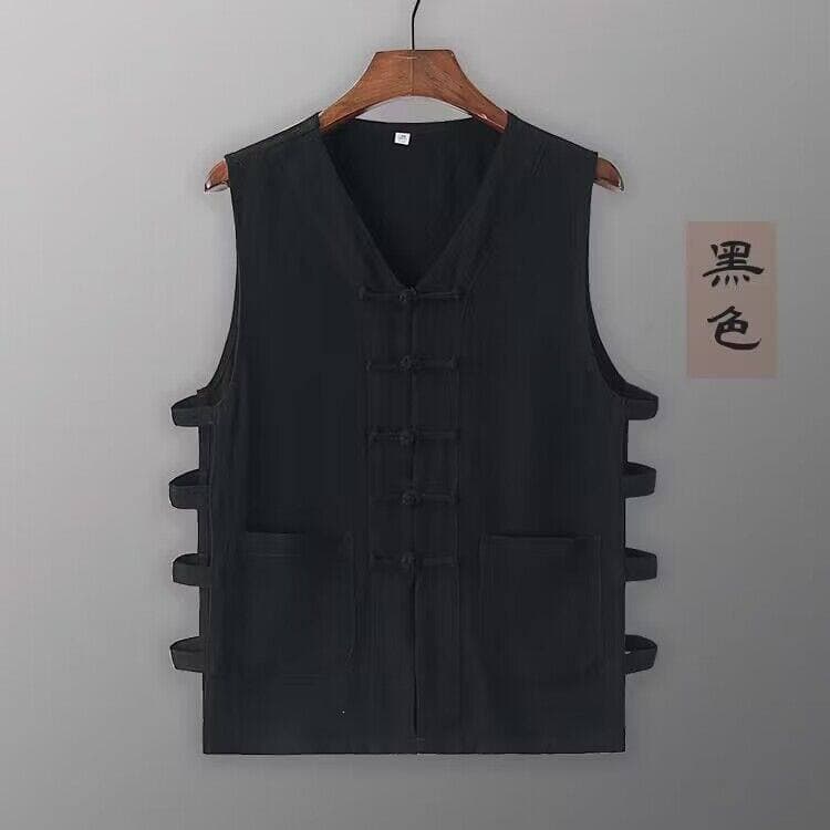 Linen vest, cotton and linen vest, men's retro buttoned Chinese jacket, sleeveless hollow vest