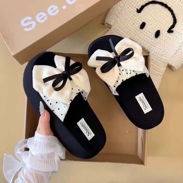 Sweet Bow Platform Slides for Women 2026 Summer New Collection, Fashionable with Dresses, Polka Dot Flip Flops