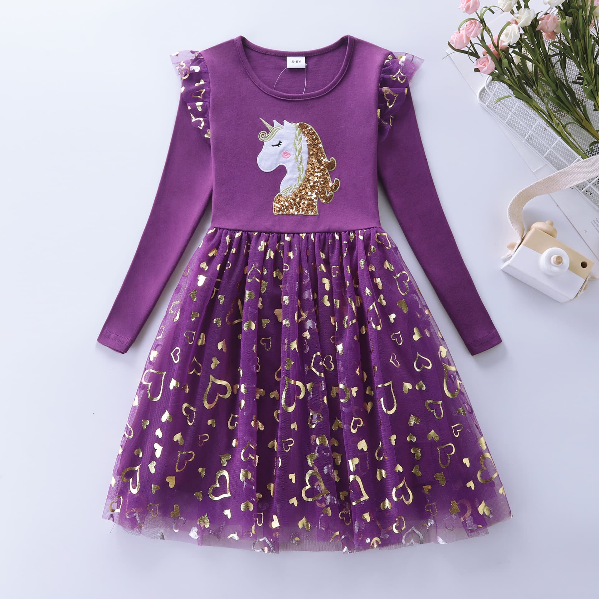 Girls Princess Dress Unicorn Sequins Long Sleeve Autumn Dress Children Birthday Party Wedding Tulle Dress