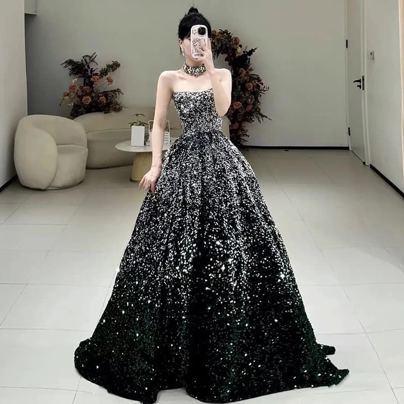 Host evening dress skirt for women high-end light luxury niche tube top 2026 new vocal music test temperament celebrity sequins