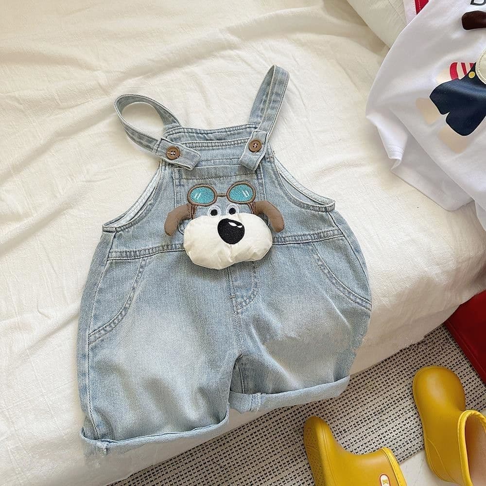 Baby Denim Overalls Shorts Kids Summer New Korean Style Cartoon Dog Casual Knee-Length Pants Trendy