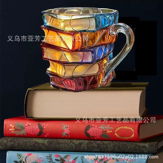 Best-selling Painted Glass Book Mug Creative Stacked Book Design Coffee Mug Handcrafted