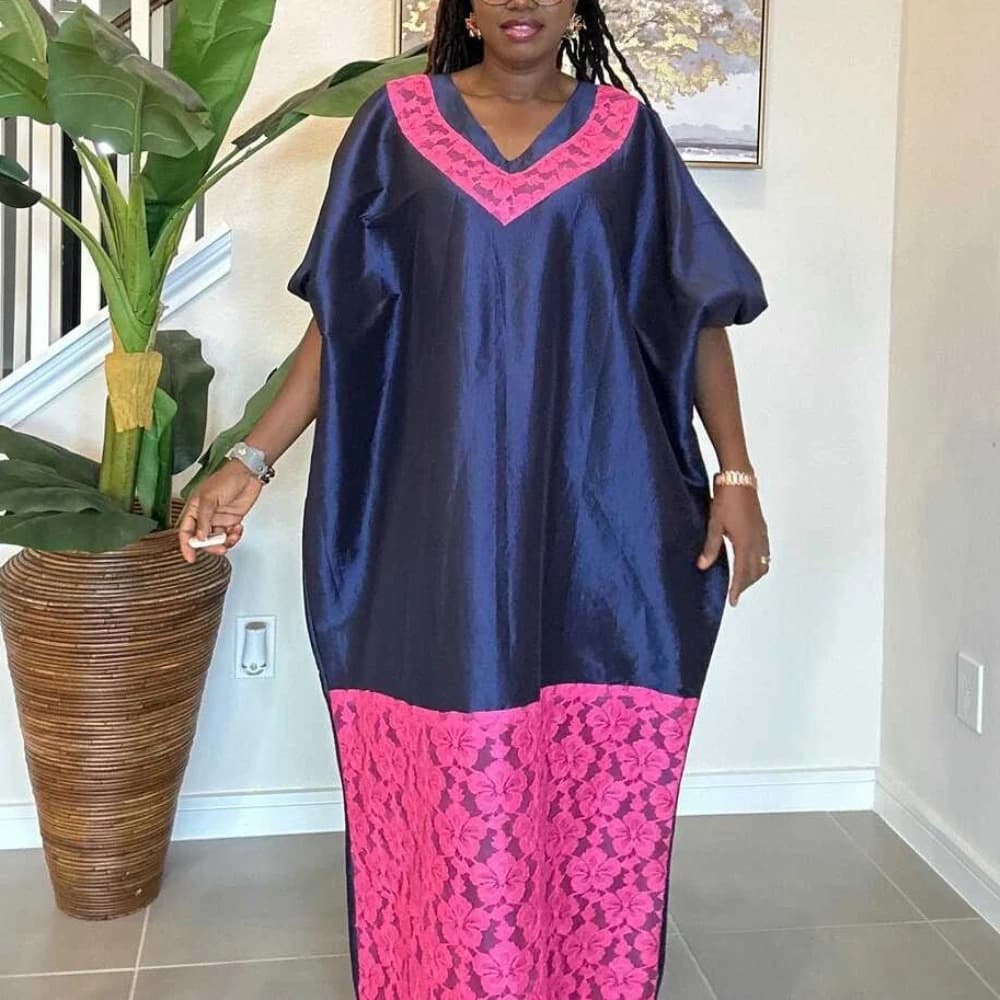 African satin V-neck color-blocked dress, lace-trimmed loose-fitting long robe evening gown, Bubu Dress