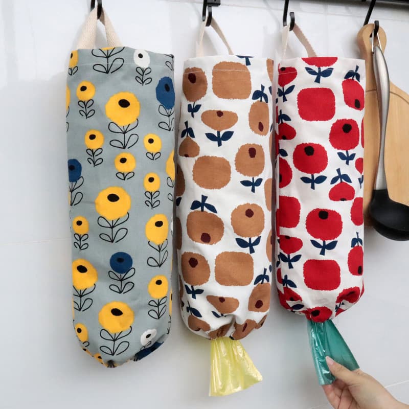 Kitchen Trash Bag Holder Wall-mounted Storage Pouch Fabric Material Plastic Bag Collector