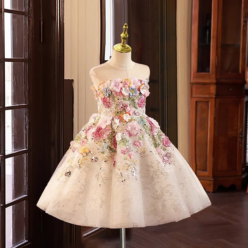 2026 Girls' High-End French Forest-Style Birthday Flower Girl Dress, Little Host Piano Performance Costume, Princess Short Skirt
