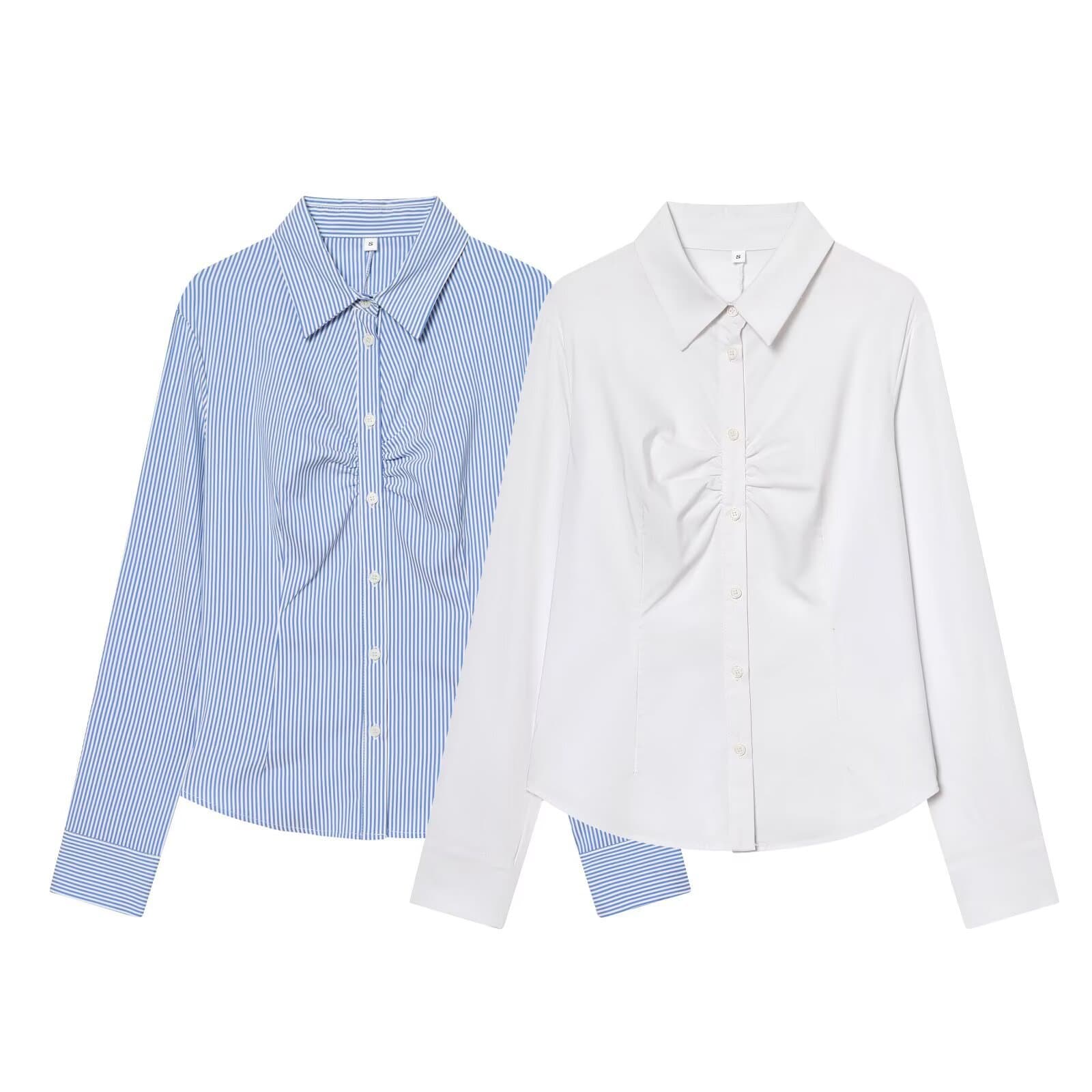 2026 Trending Export Women's Fashion Blouse – Stylish Ins Style, Casual Turn-Down Collar, Pleated Slim Fit Shirt