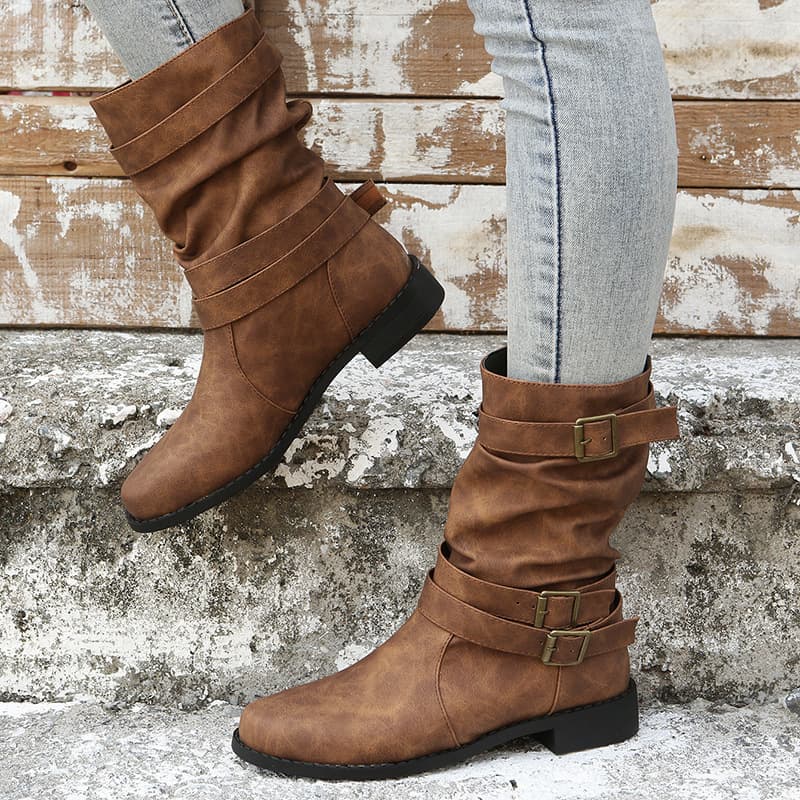 Women's Mid-Calf Boots Round Toe Flat Bottom Large Size Autumn Winter New Style Comfortable Leather Booties Rubber Outsole