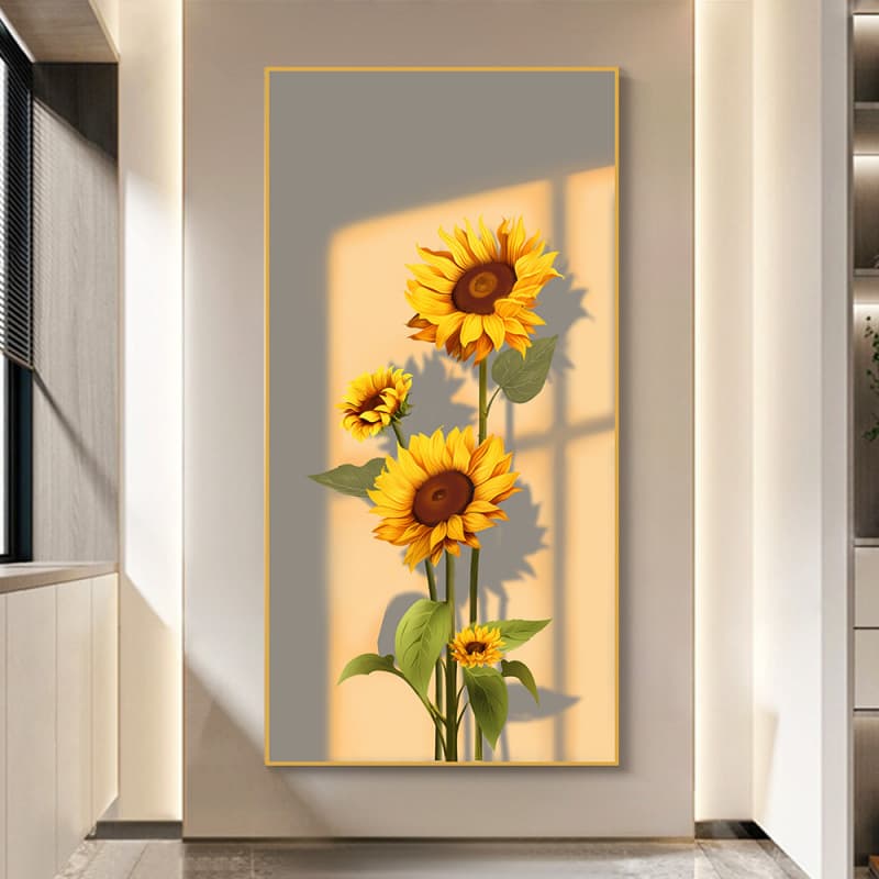 Nordic Crystal Porcelain Decorative Painting, Modern Minimalist Cream Style Entrance Wall Painting, Floral Mural, Sunflower 80160