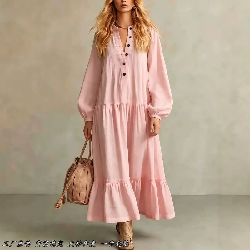 2026 Cross-Border Trade New Hot-Selling Long Dress for Women, Casual Loose Stand Collar Button Long Sleeve Cotton Linen Dress
