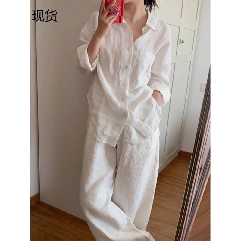 Linen Cotton White Shirt and Pants Set for Women Spring Loose Comfortable Breathable Cardigan Sun Protection Jacket