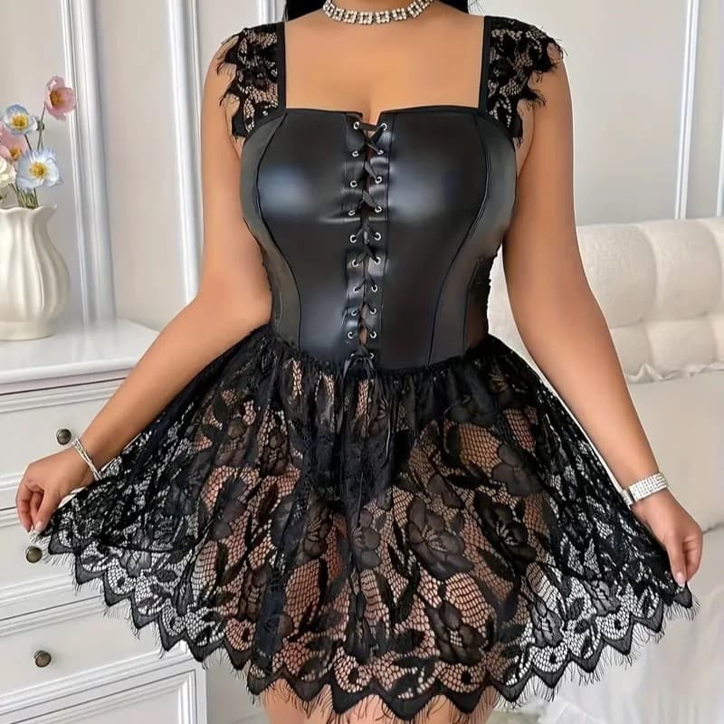 Cross-border Lace Hollow Shapewear Set PU Faux Leather Corset Lingerie Set for AliExpress