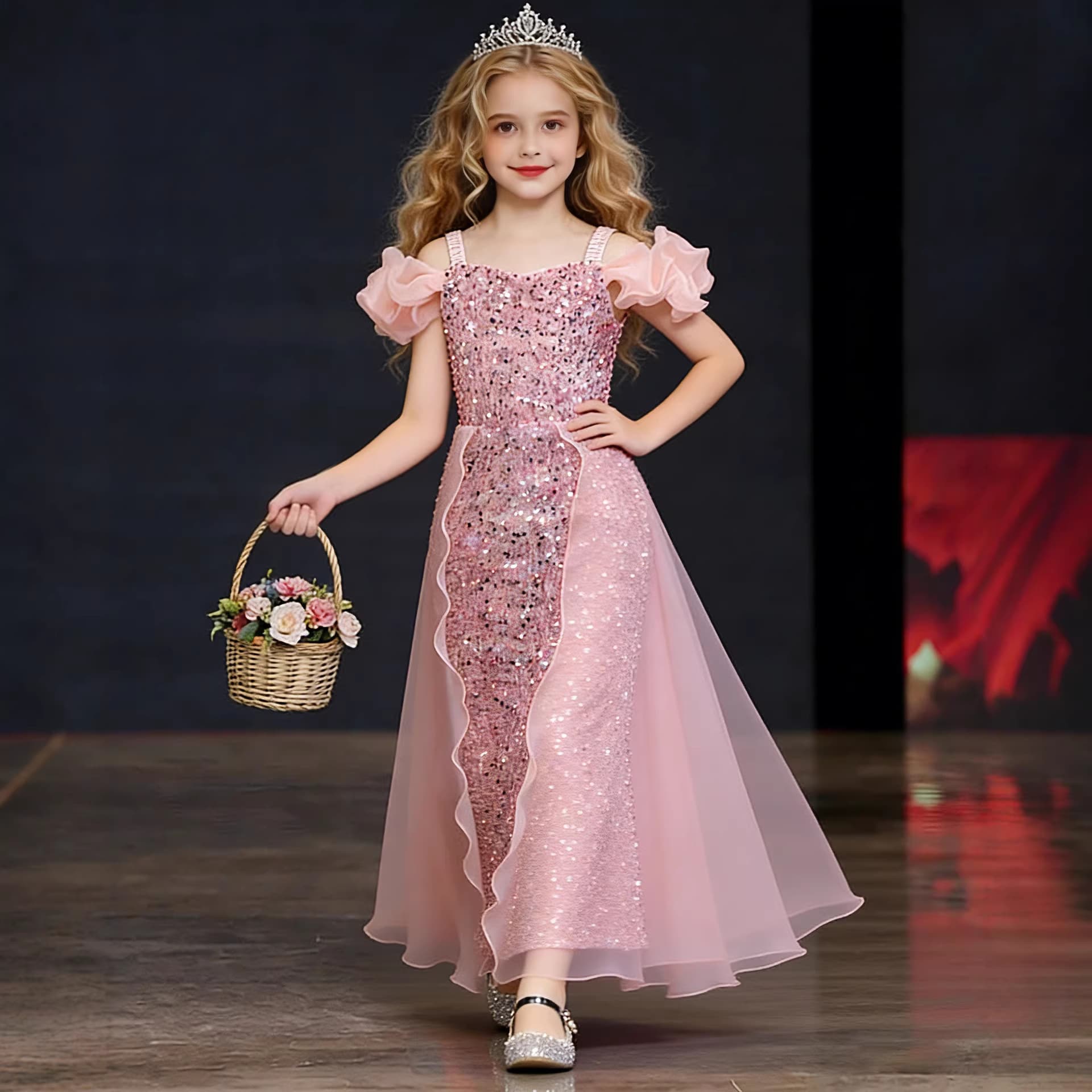 Girls Summer Flower Girl Wedding Dress Sequin Gown Children Princess Dress Export Mesh Skirt Long Dress for Girls