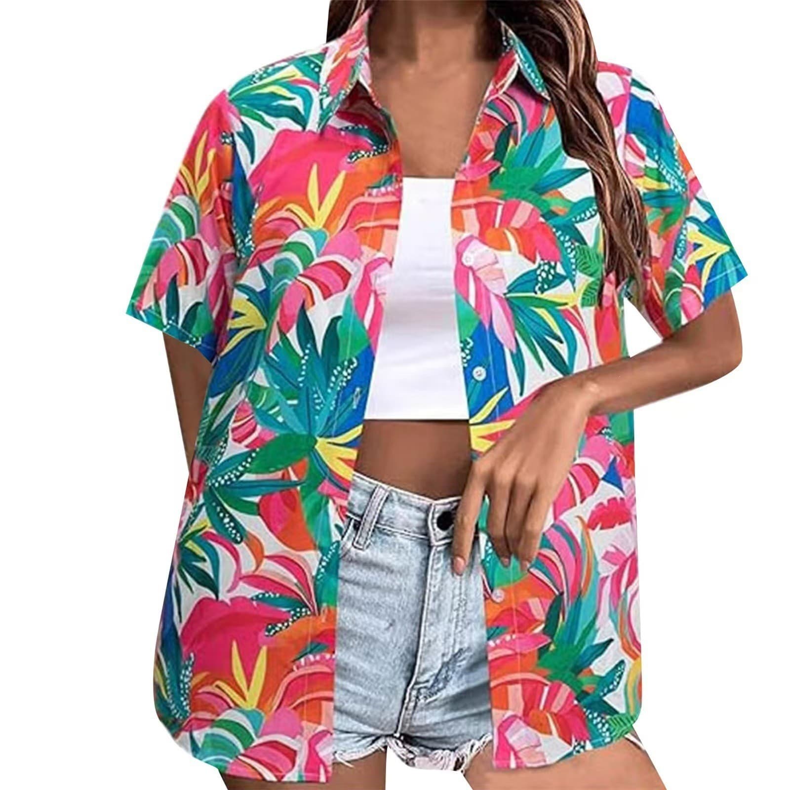 2025 European and American 3D Digital Print Short-Sleeve Shirt Women's Hawaiian Shirt, Soft and Cool Floral Tropical Shirt