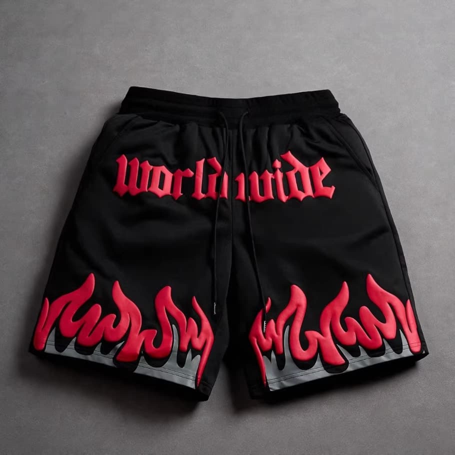 High Street American Gothic Style Flame Print Men's Shorts Summer Trendy Loose Casual and Versatile Sports Shorts