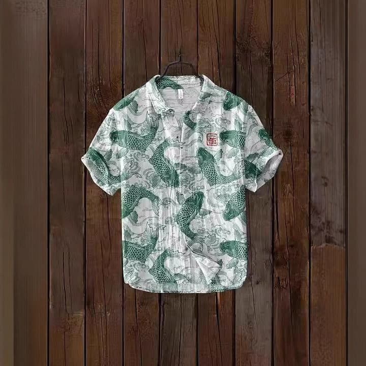 4-Way Stretch Shirt for Export Cross-Border E-commerce 3D Digital Print Loose Trendy Short Sleeve Stand Collar Cardigan Shirt Wholesale