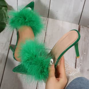 European and American New Plus Size Pointed Toe High Heel Sandals Women Thin Heel Fashion Fur Open Toe Dress Sandals High Heels