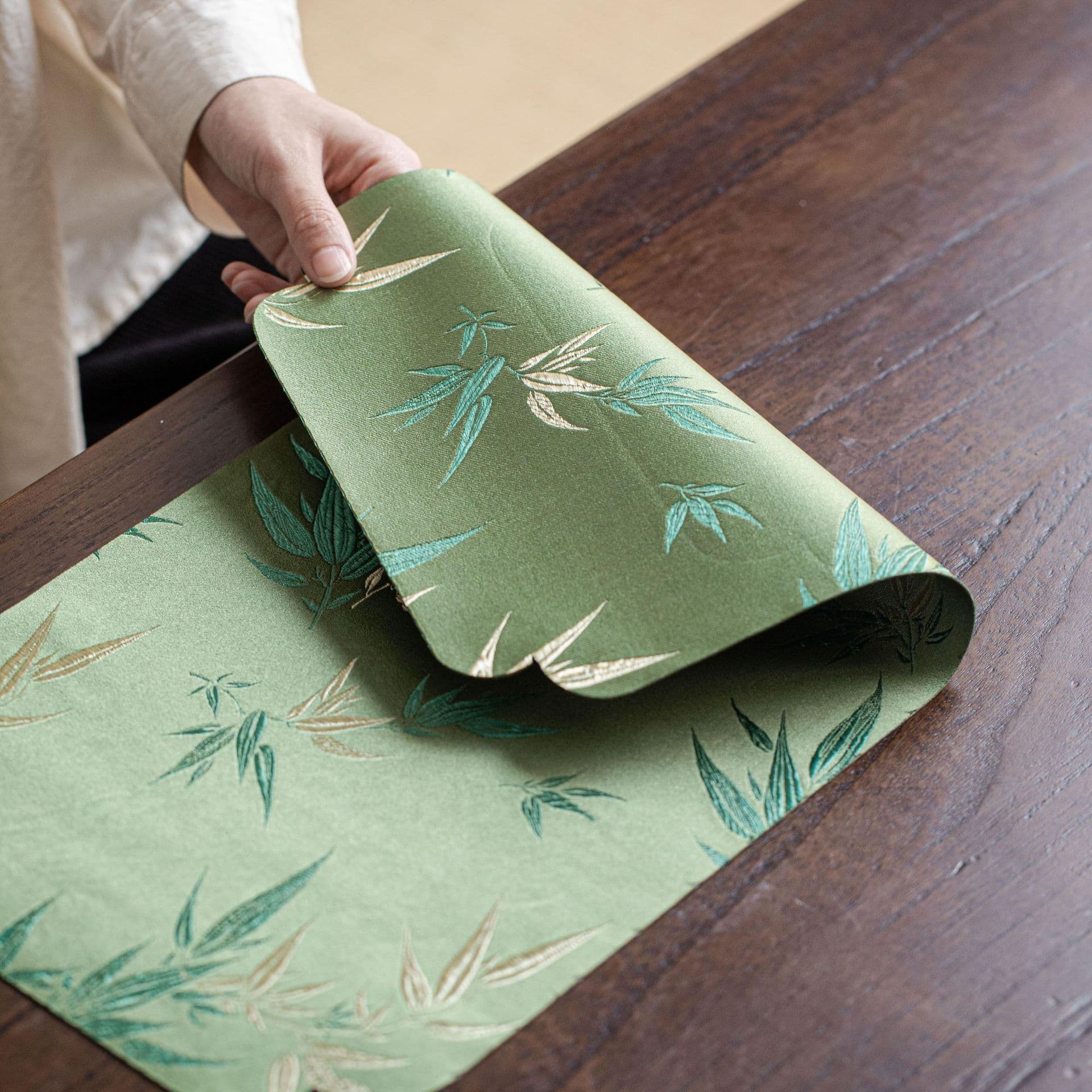 New Chinese style silk satin brocade fabric bamboo embroidery long double-sided tea mat approximately length 48 width 24 Kung Fu tea accessories