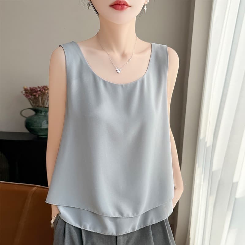 Summer New Double Layer Georgette Camisole Tank Top Women Round Neck Loose Thin Wear Out or Inner Layer Sleeveless Top T-Shirt