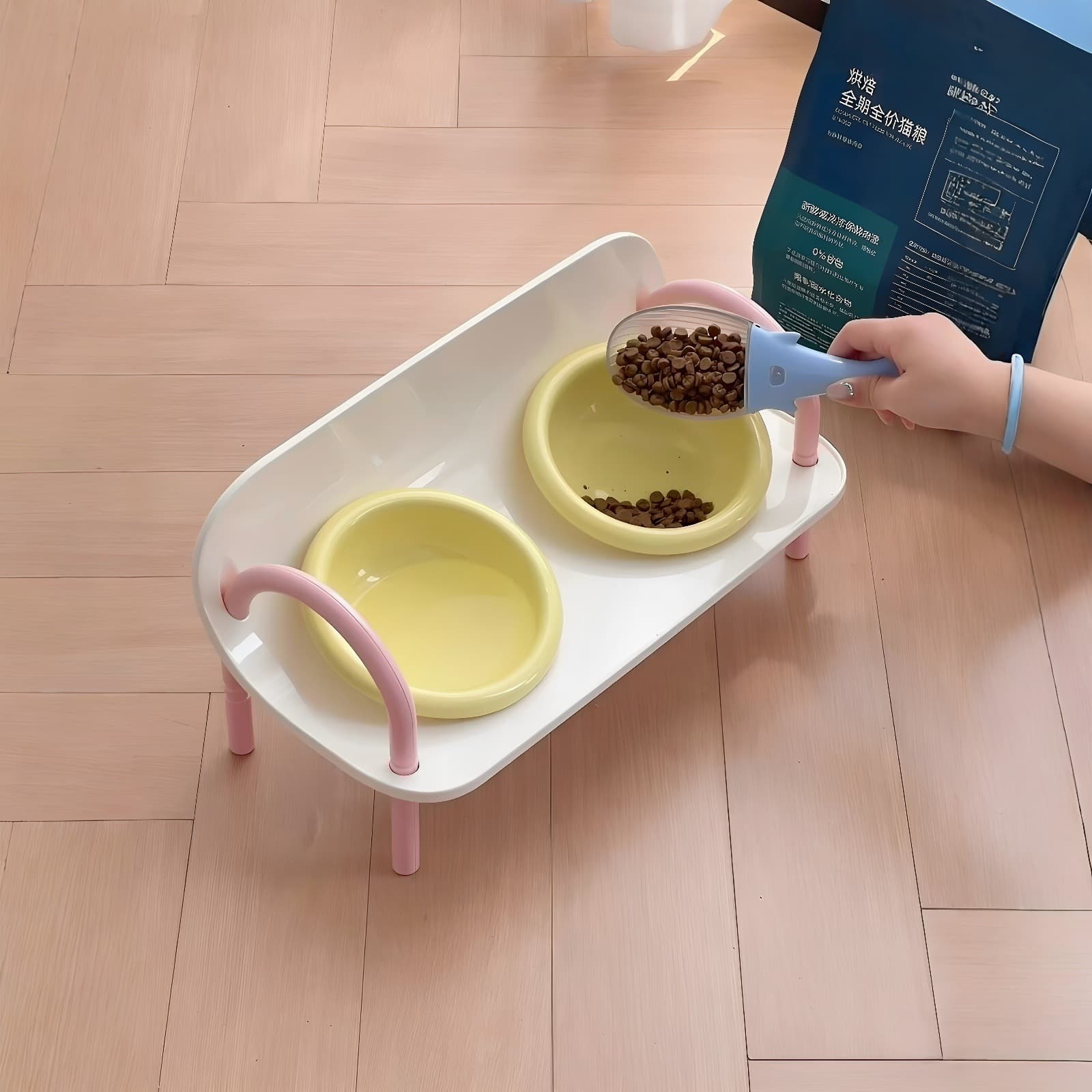 Pet Bowl Ceramic Double Bowl Stand Cat Bowl for Eating and Drinking, Anti-Black Chin Bowl, Non-Spill Feeding Bowl Stand