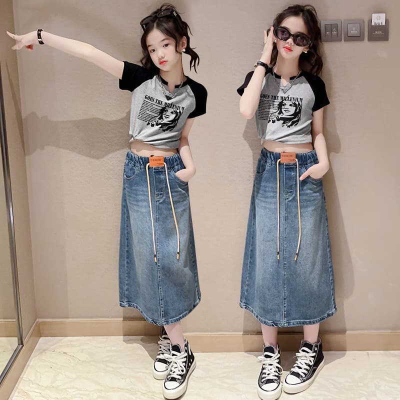 Girls Denim Skirt 2026 Summer New Korean Style Fashionable Older Kids Casual Denim Skirt Mid-Length Children