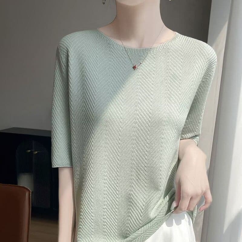 First-line ready-to-wear summer round neck five-quarter sleeve Tencel sweater T-shirt women's thin top Western style seamless sweater