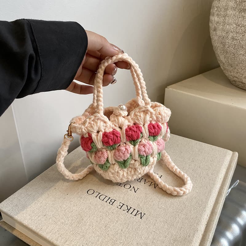 New Kids Bag Korean-Style Knitted Tulip Handbag Fashionable Girls Parent-Child Crossbody Bag Key Earphone Pouch