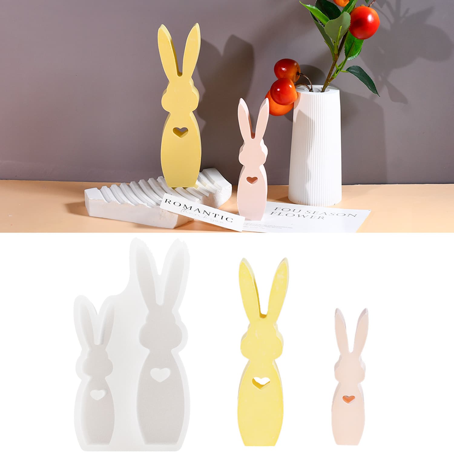 Double Rabbit Figurine Silicone Mold, Standing Rabbit Plaster Resin Mold, Easter