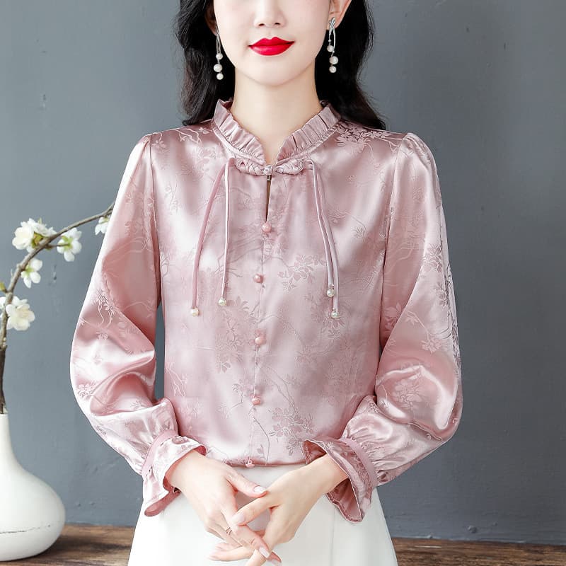 Spring and Autumn New Blouse for Women, Fashionable Jacquard Satin Chinese Retro Button Long Sleeve Elegant Top