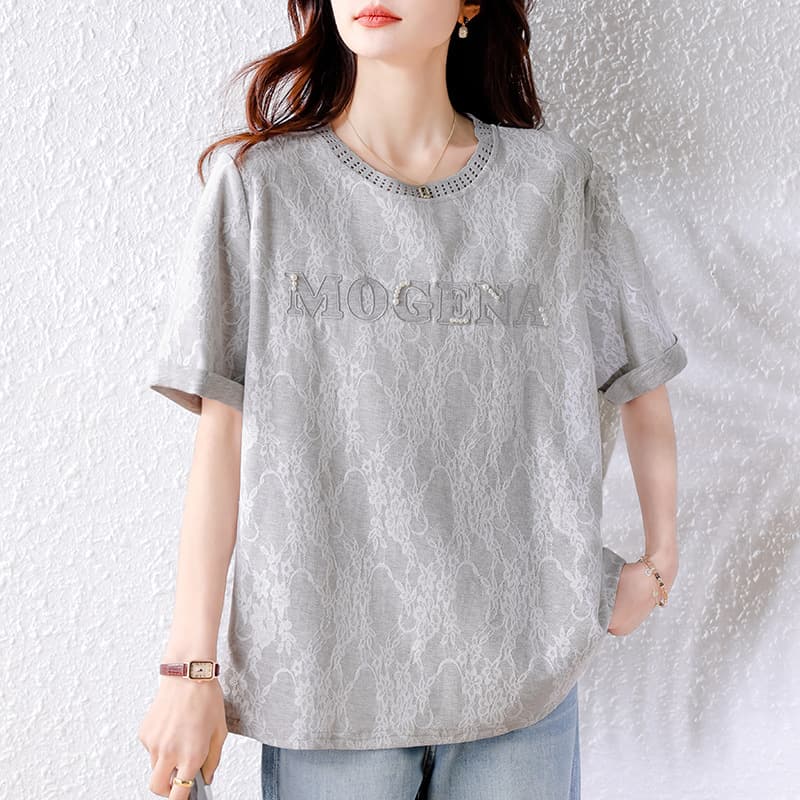 New Fashion Lace Embroidery Beaded Short Sleeve T-Shirt Women Summer European Style Top Plus Size Women's Clothing