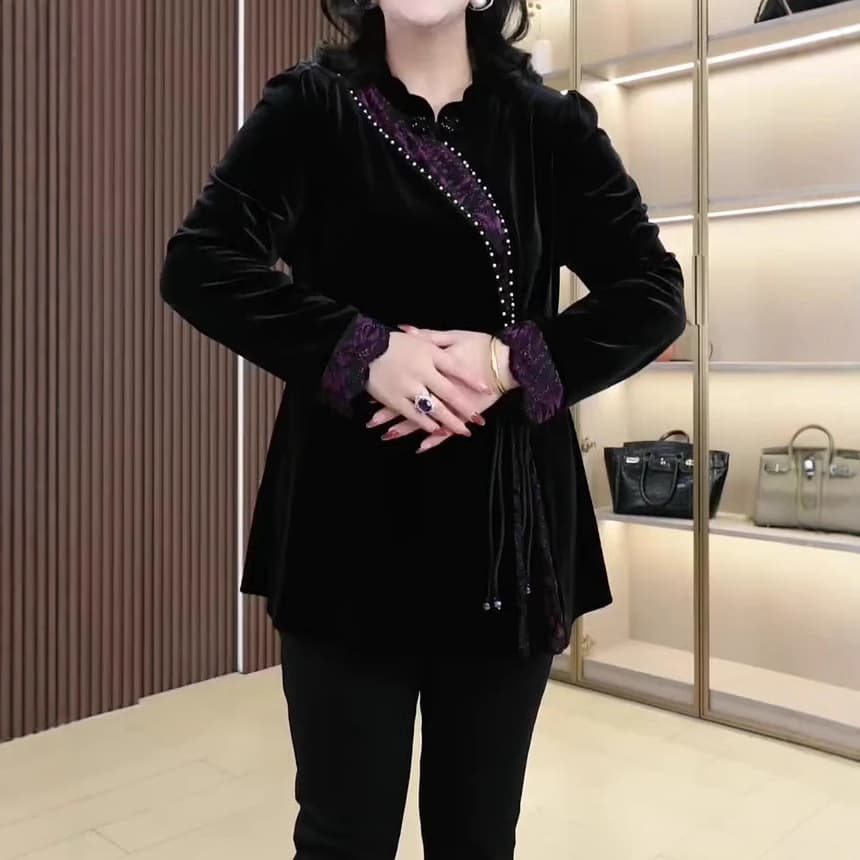 Spring New Arrival, New Chinese Style with Frog Buttons, Heavy-Duty Hand Embroidery, High-End Stand Collar Blouse, Elegant Plus-Size Clothing for Mothers