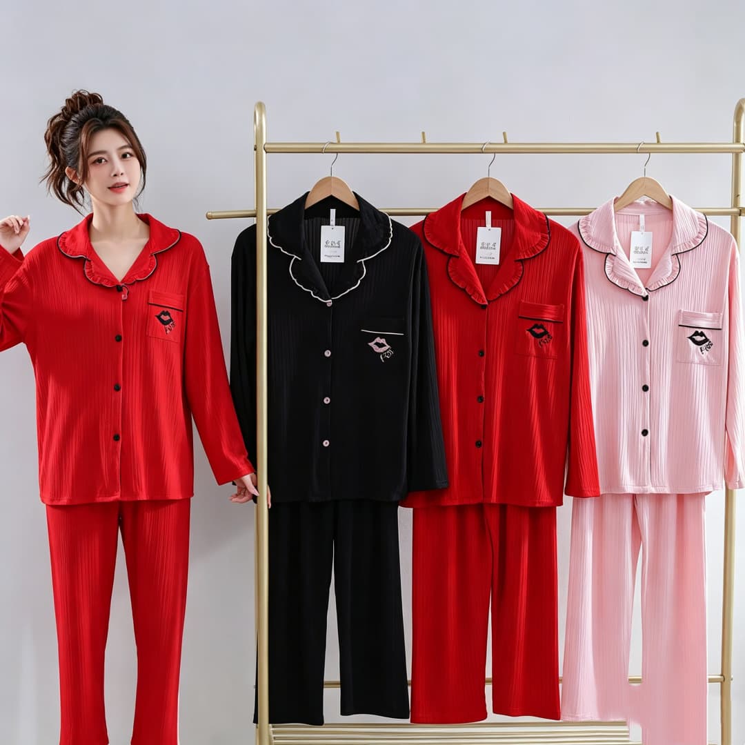 New Arrival Women's Pajamas cardigan lapel imitation cotton ribbed women's cross-border pajamas