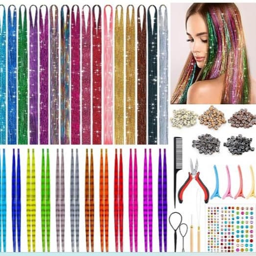 Yiwu Factory European and American Style Feather Hair Extensions Set with Rainbow Shiny Laser Gold Thread, Hair Extension Rings, Crochet Hook