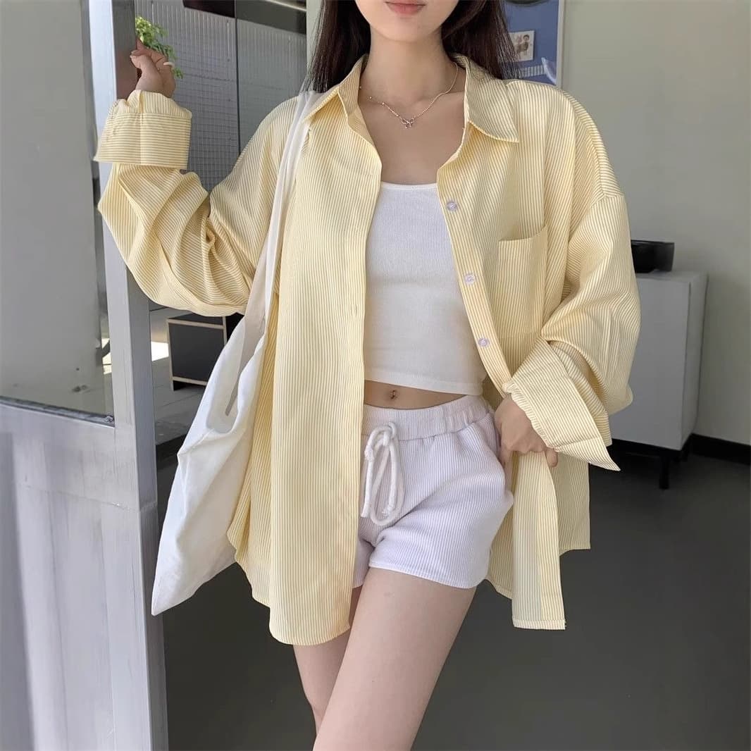 Yellow Korean Style Striped Shirt for Women Spring Autumn Sweet Design Loose Casual Shirt Outerwear Sun Protection Jacket