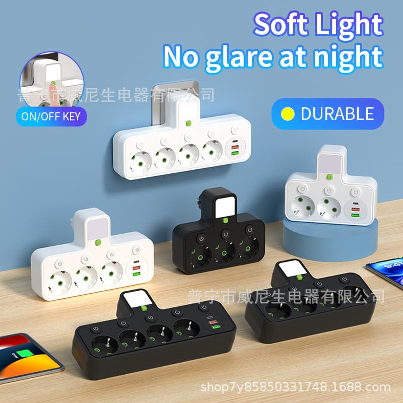 European/Russian EU Standard Multi-Port Adapter, 1-to-5/3/4 with USB and Type-C Charging, Conversion Socket