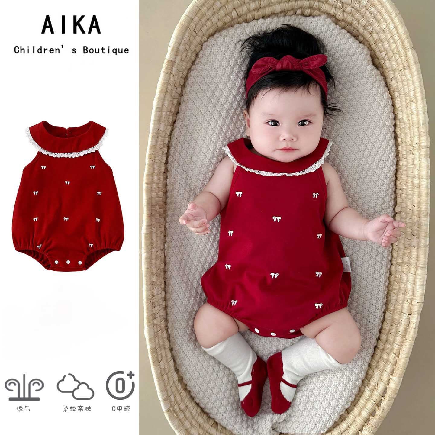 Baby Summer Thin Bodysuit for Small Months, Newborn 100 Days Princess Romper, Red One-Piece for Birthday Celebration