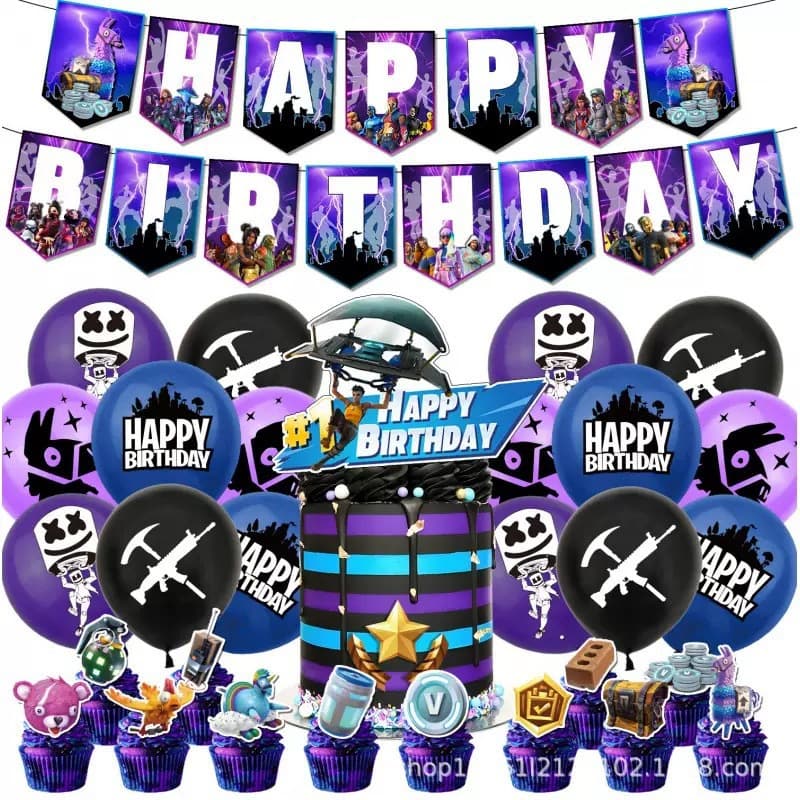 New Fortnite Party Decoration Set in Stock, Birthday TV Show Theme, Banner, Cake Toppers, Balloons