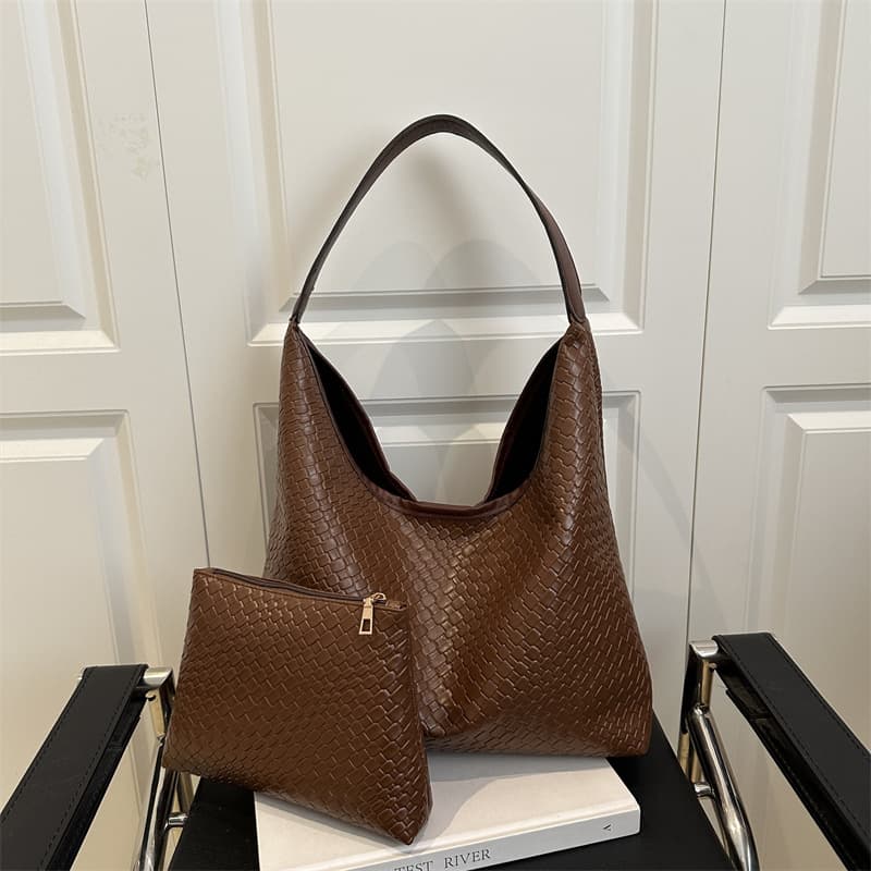 Premium Vintage Style Women's Bag 2025 New Woven Pattern Large Capacity Shoulder Bag Commuter Tote Bag with Detachable Pouch
