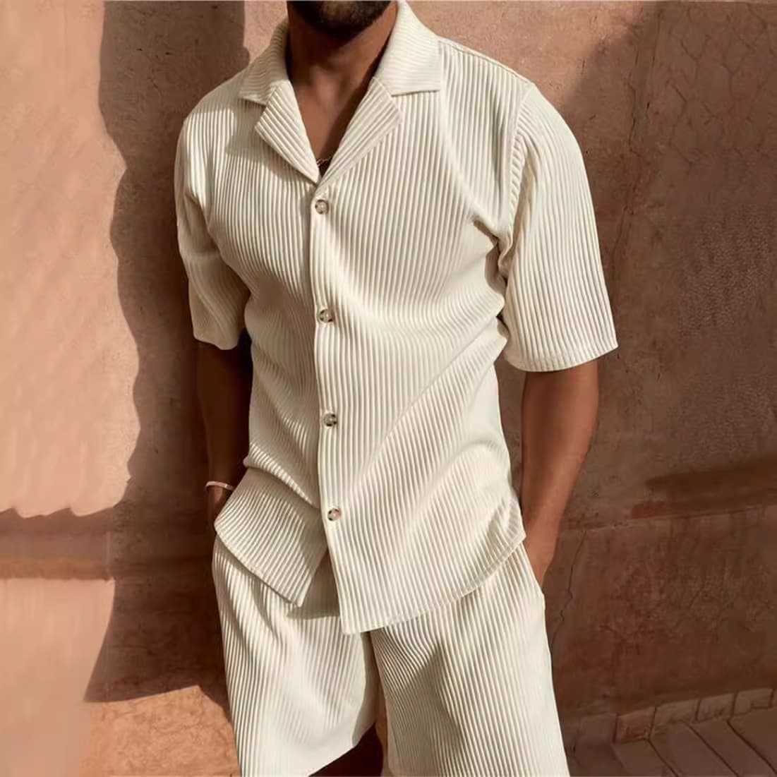 New Corduroy Casual Lapel Shorts Set, Sports Men's Solid Color T-Shirt and Shorts Running Training Set