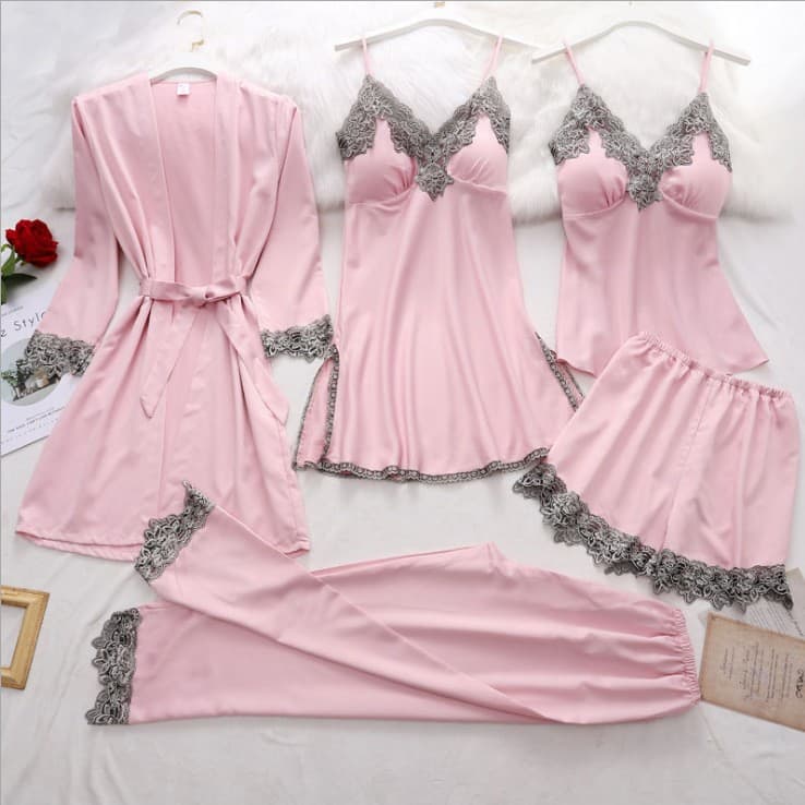 Women's Loungewear Pajamas Cross-Border Supply Imitation Silk Lingerie Camisole Sexy Five-Piece Set Can Be Worn Outside Short-Sleeved