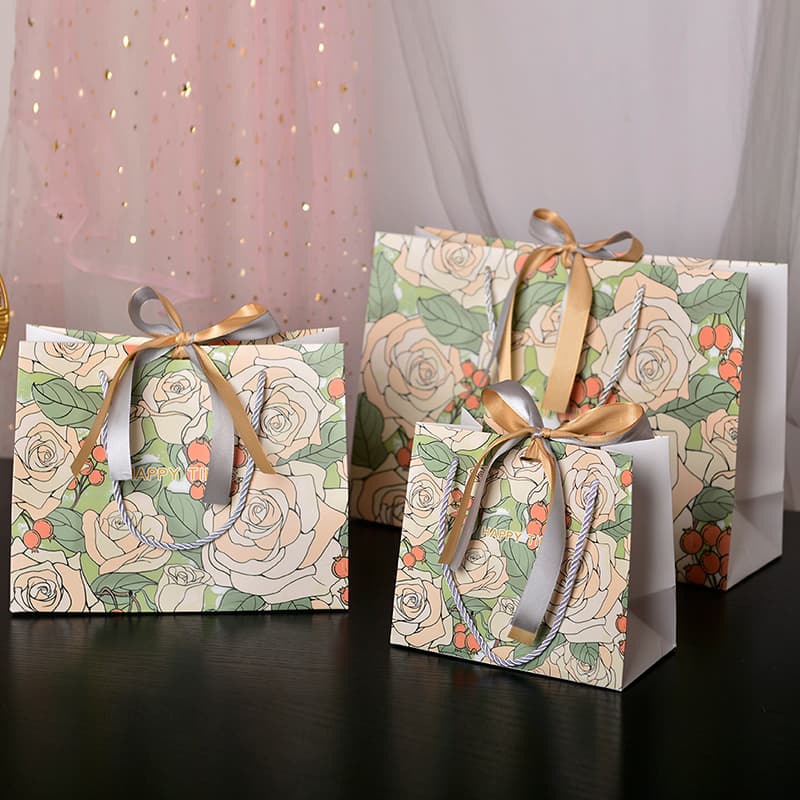 #@Feeling Gift Bag Champagne Rose Paper Bag Wedding Candy Packaging Bag with Ribbon Large Tote Bag