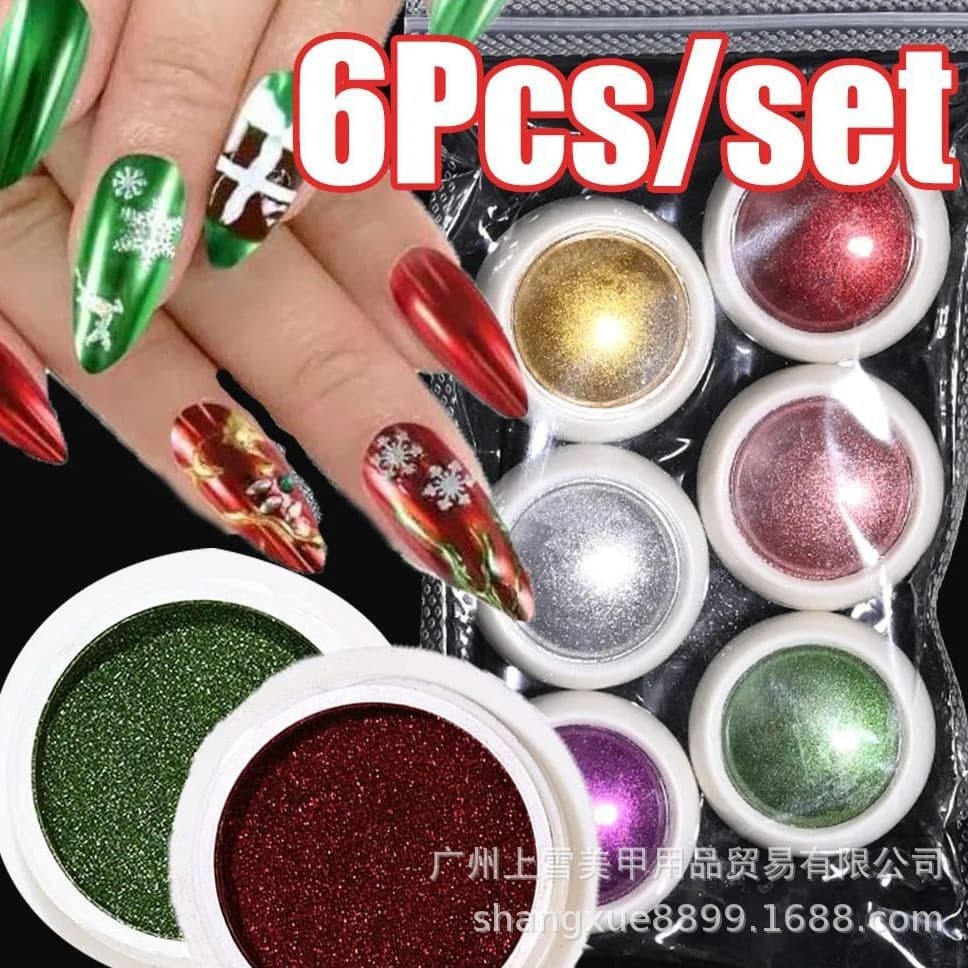 Nail Art Christmas Mirror Powder 6-Color Mini Set, Electroplated Metallic Powder, Nail Titanium Gold Powder, Laser Mirror Powder