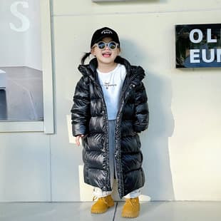 Winter Kids Down Alternative Coat Black Gold New Knee-Length Long Style Boys and Girls Thickened Wash-Free Warm Outerwear for Middle and Older Children