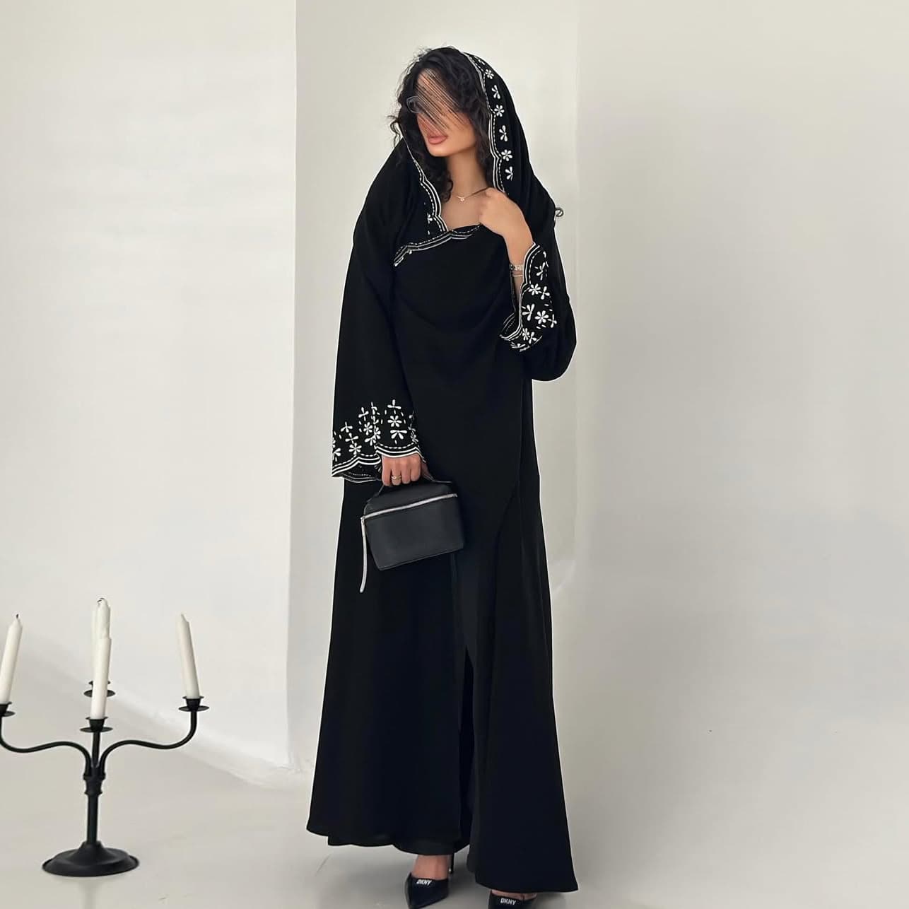 LN258 2026 New Modest Fashion Exquisite Embroidery Outer Cardigan Trendy Casual Dress with Headscarf
