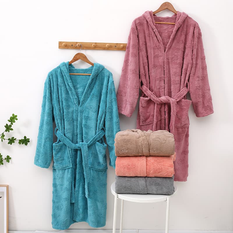 Hooded jacquard coral velvet bathrobe, universal thickened and absorbent home robe, soft and quick-drying long lace-up bathrobe