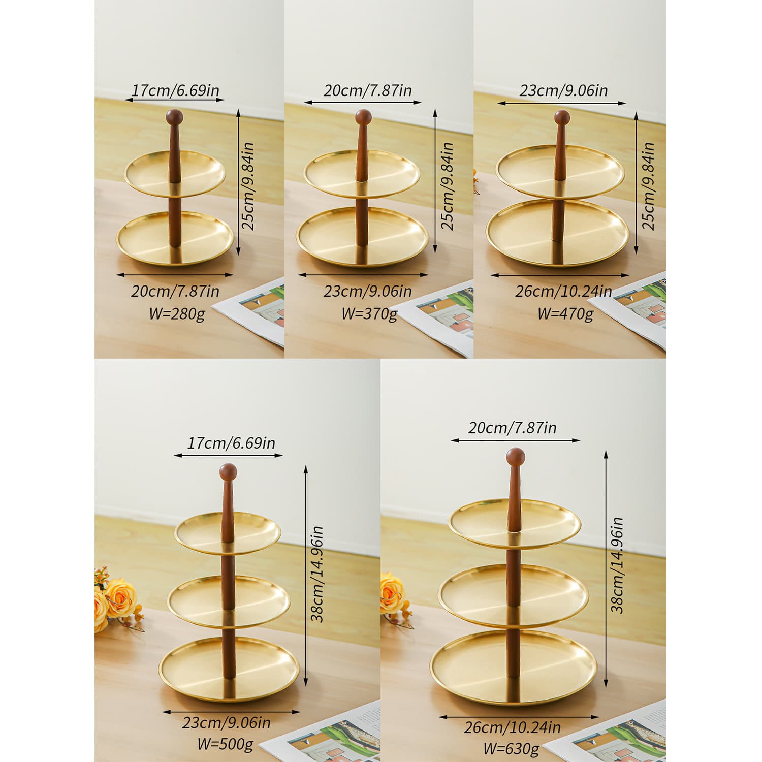 Walnut Color Rod Multi-Layer Fruit Plate Stainless Steel Snack Tray Living Room Coffee Table Home Cake Candy Dried Fruit Snack Plate