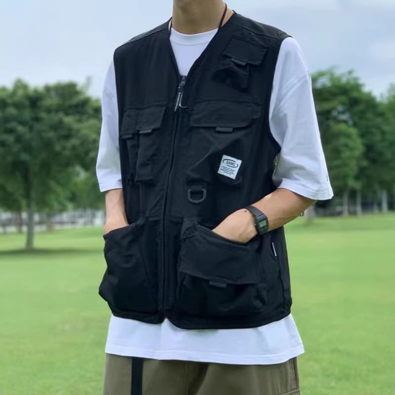 Japanese tactical vest, ins trendy multi-pocket utility jacket for men, rugged sleeveless top