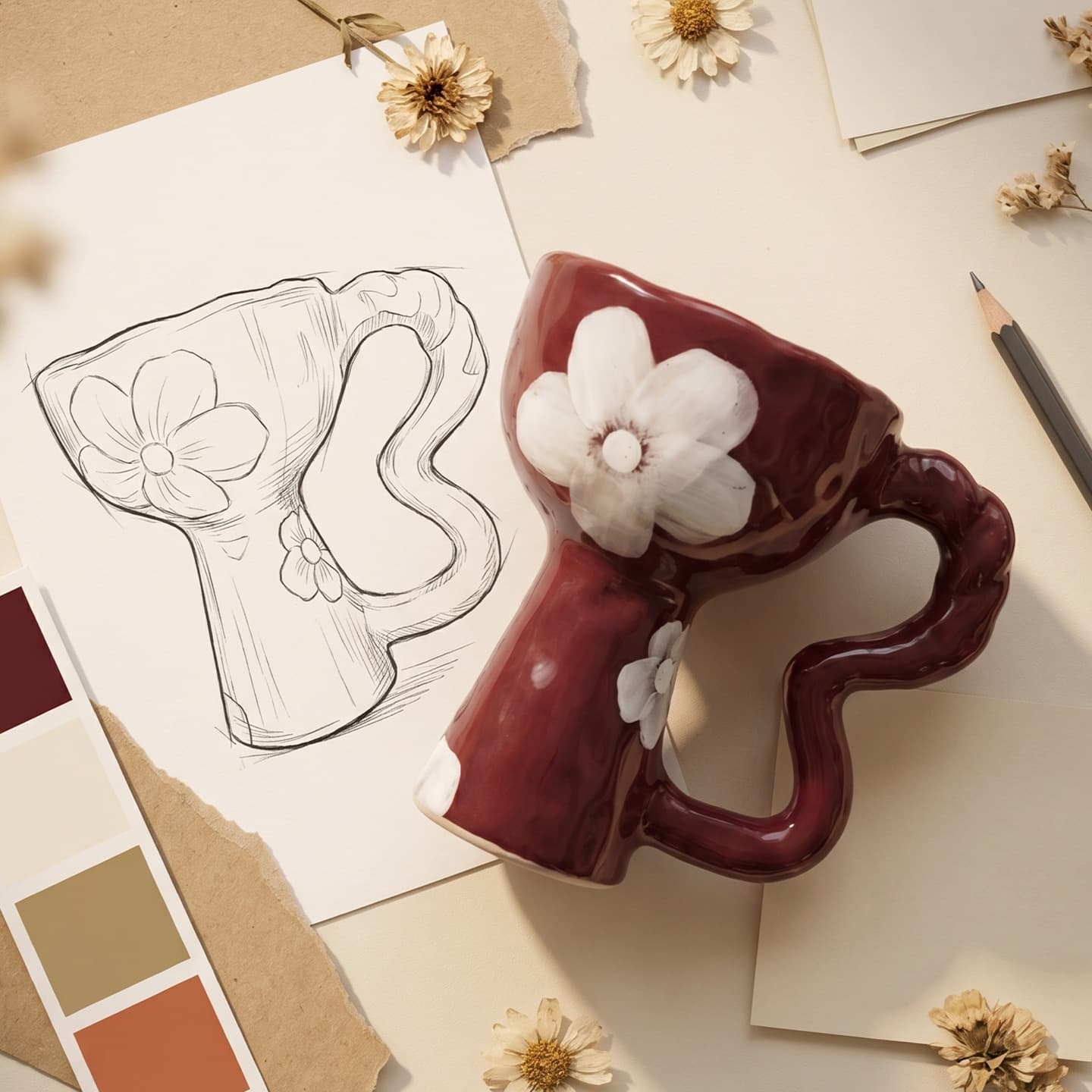 Under-Glaze Mist Flower Tall Cup, Niche Exquisite Gift, Vintage Style Ceramic Mug, Hand-Painted Red Mist Flower Cup