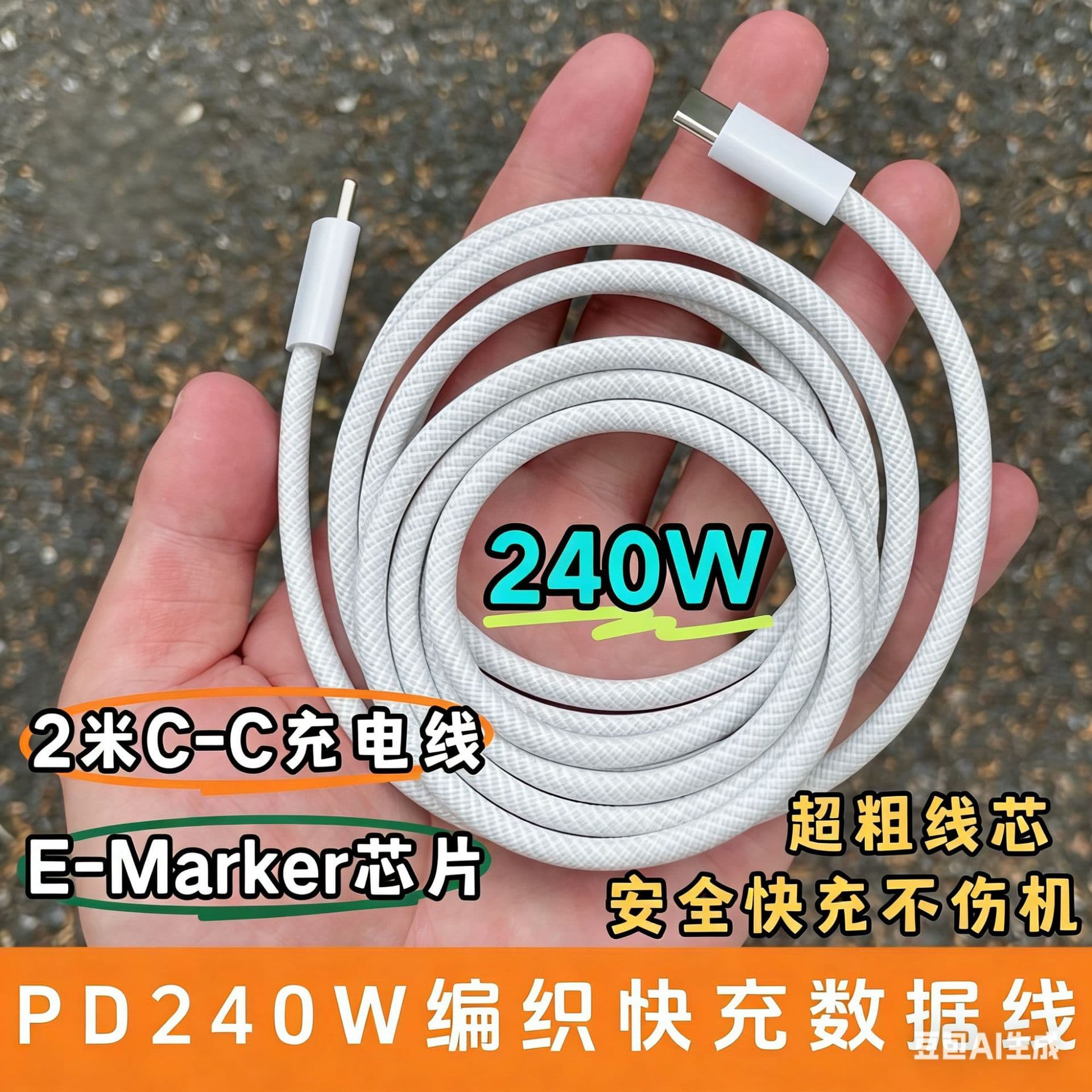 Pure Copper 240W Braided Charging Cable Compatible with Apple iPhones, iPads, Laptops, Type-C Fast Charging Data Cable