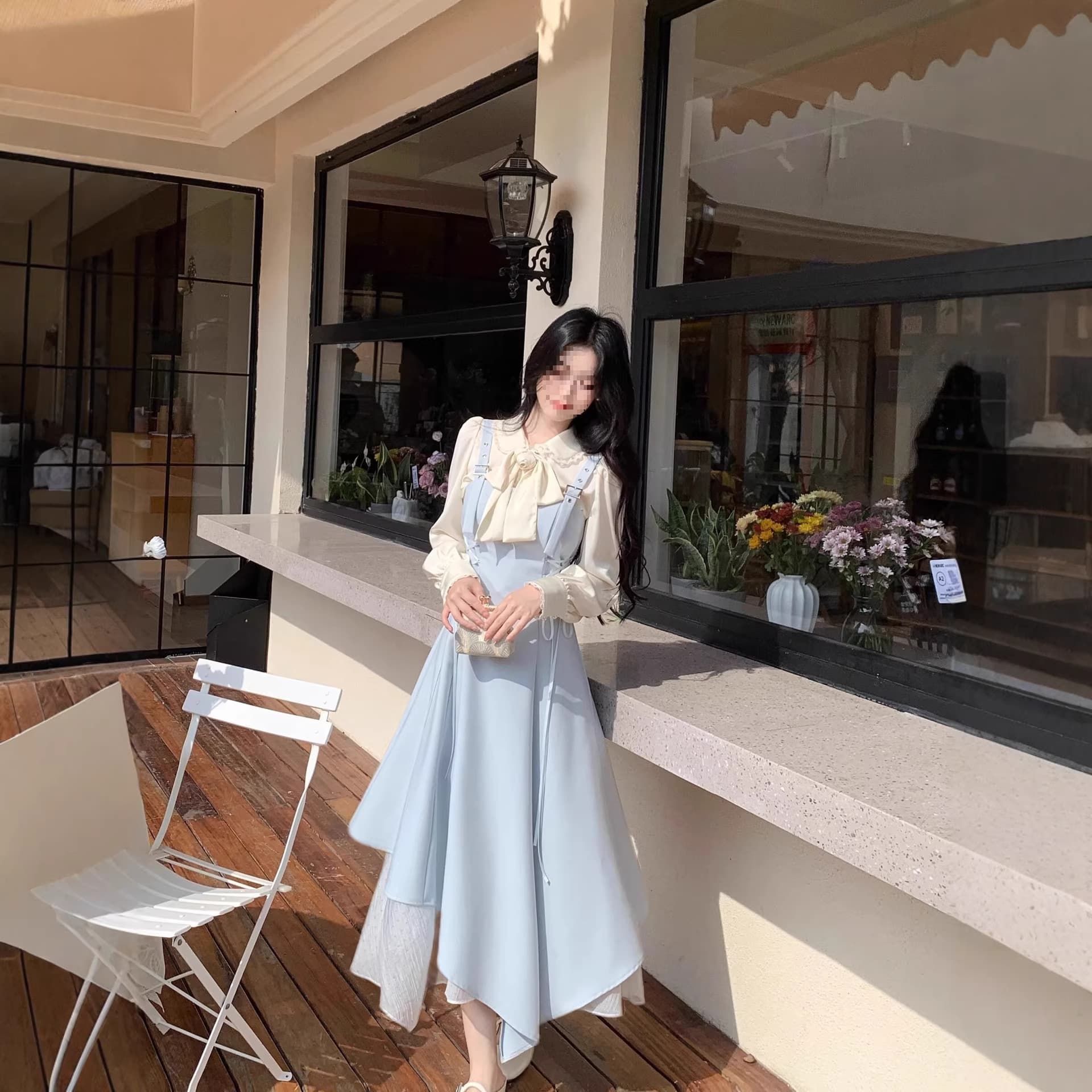 Temperament blue irregular bias cut splicing strap waist suspender dress fashionable and versatile niche style for job hunting season